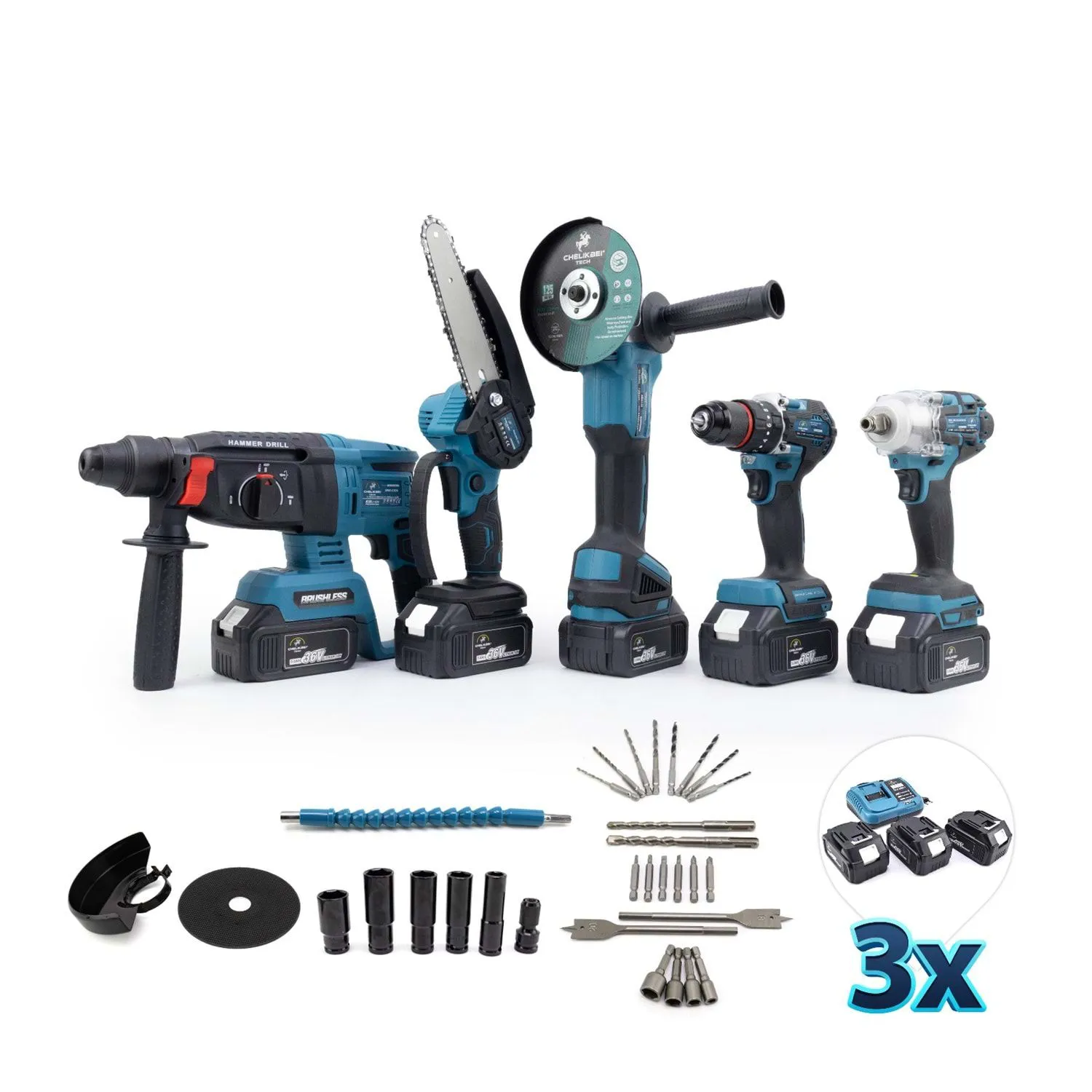 CHELIKBEI 5 Parça Şarjlı Set (Matkap+Kırıcı+Taşlama+Bağ Makası+Budama Testeresi)