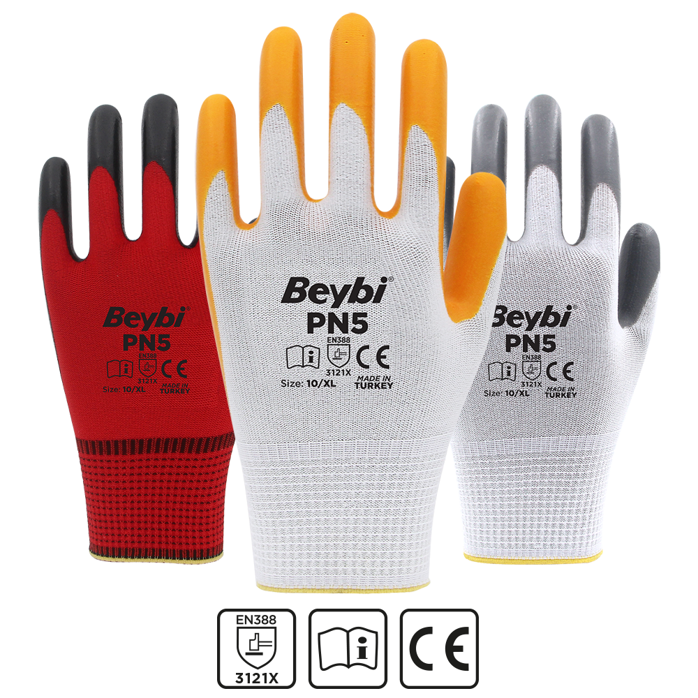 Beybi PN5 Polyester Örme Nitril Eldiven No: 10